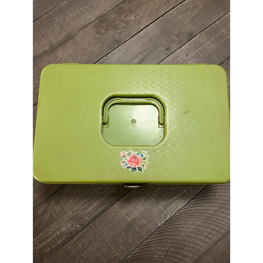 Vintage Wil-Hold Sewing Box Avocado Green Plastic Floral Case with Supplies